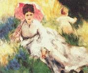Woman with a Parasol and a Small Child on a Sunlit Hillside renoir